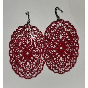 Red Filigree Dangle Earrings With Fish Hook Backs statement
